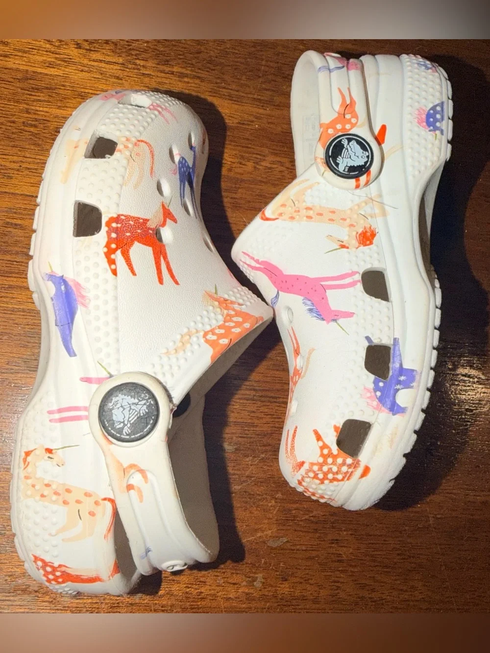 Crocs Unisex Kids C8 White Animal Print Clog Slip On Shoes Logo Strap